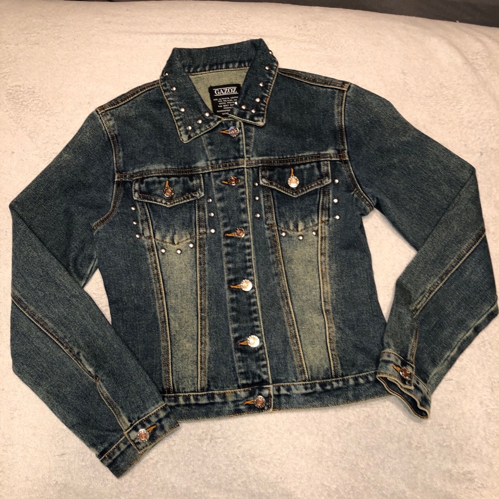 Trendy Stud-Embellished Dark Wash Denim Jacket